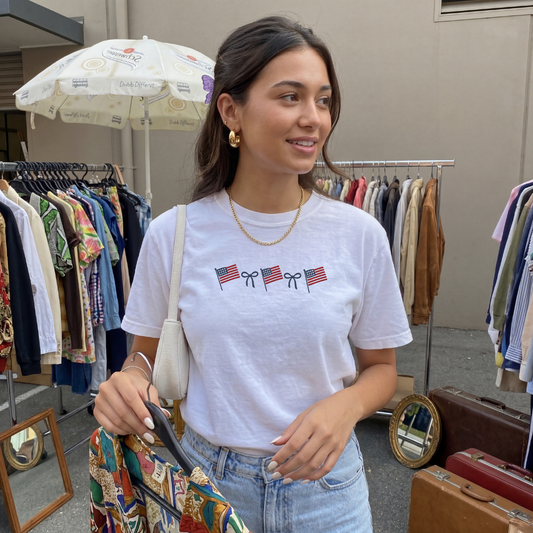 American Flag Ribbon T-Shirt – garment-dyed unisex tee with small tri-flag ribbon graphic