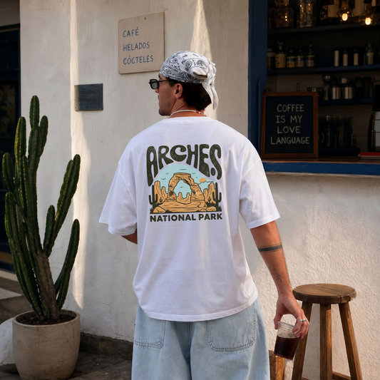 Arches National Park T-Shirt – garment-dyed tee with red-rock Arches National Park illustration