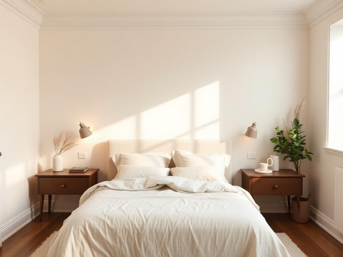 Quiet bedroom freshly painted in warm cream