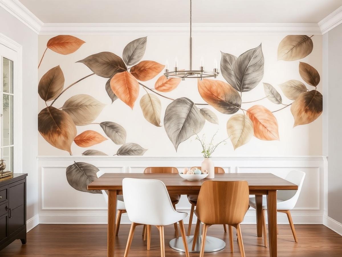 Custom botanical wall mural in a dining room