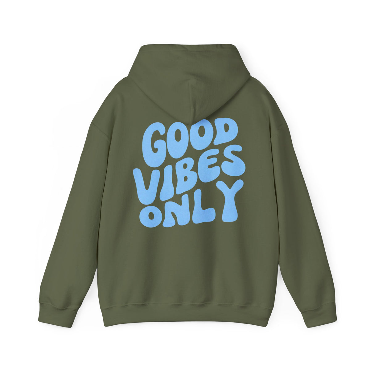 Good Vibes Only Hoodie – unisex pullover hoodie with retro Good Vibes Only script graphic, front view