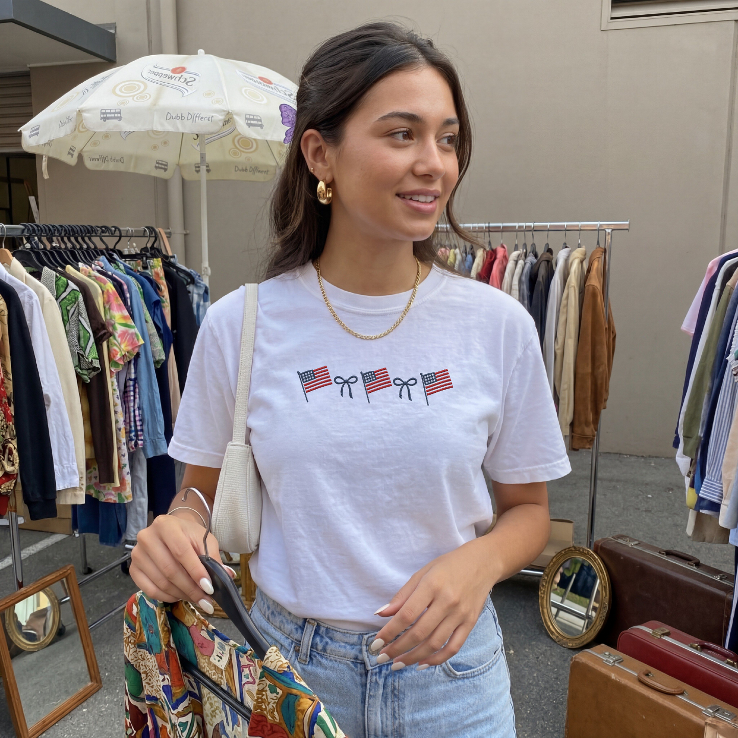 American Flag Ribbon T-Shirt — Small Patriotic Flags Graphic Tee