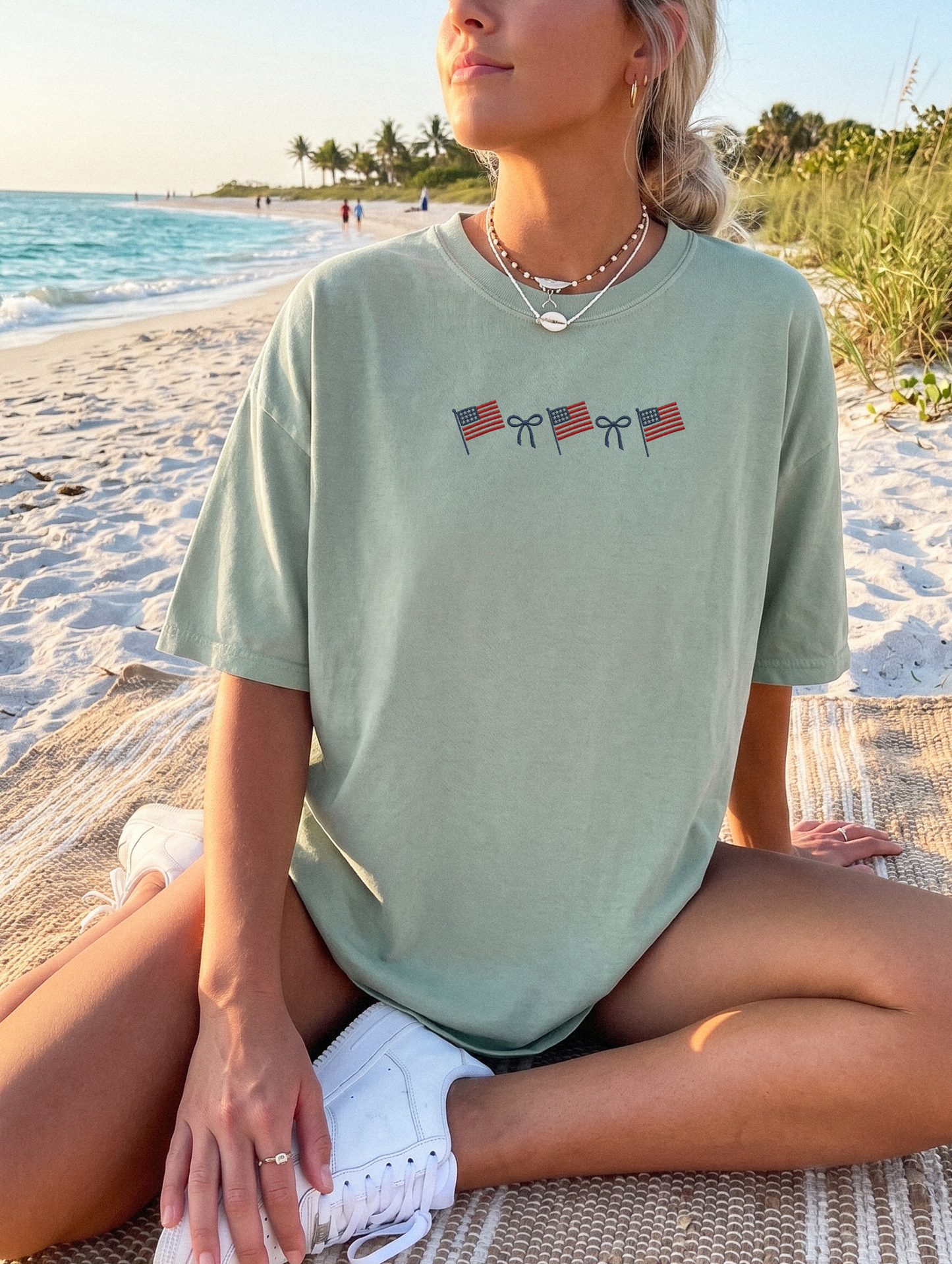 American Flag Ribbon T-Shirt — Small Patriotic Flags Graphic Tee