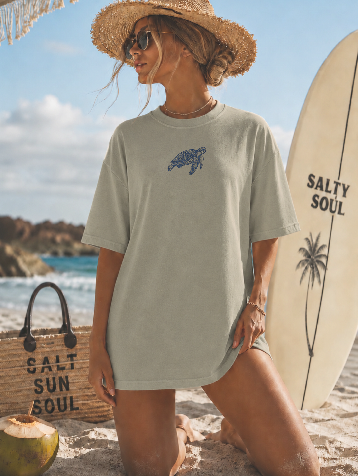 Sea Turtle Graphic T-Shirt Beach Pullover — Small Illustration, Coastal Casual Tee