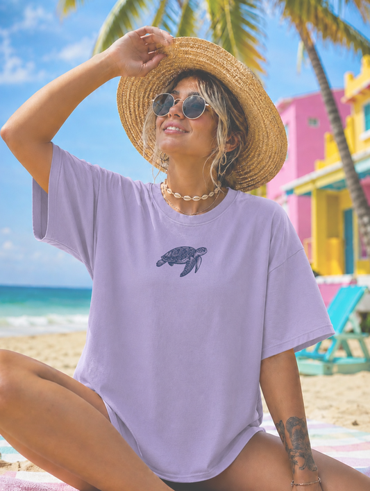 Sea Turtle Graphic T-Shirt Beach Pullover — Small Illustration, Coastal Casual Tee