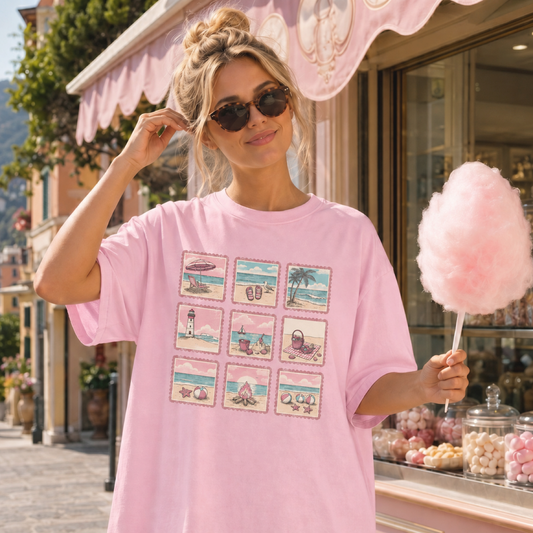 Beach Postcards T-Shirt in Blossom – Beach Graphic design