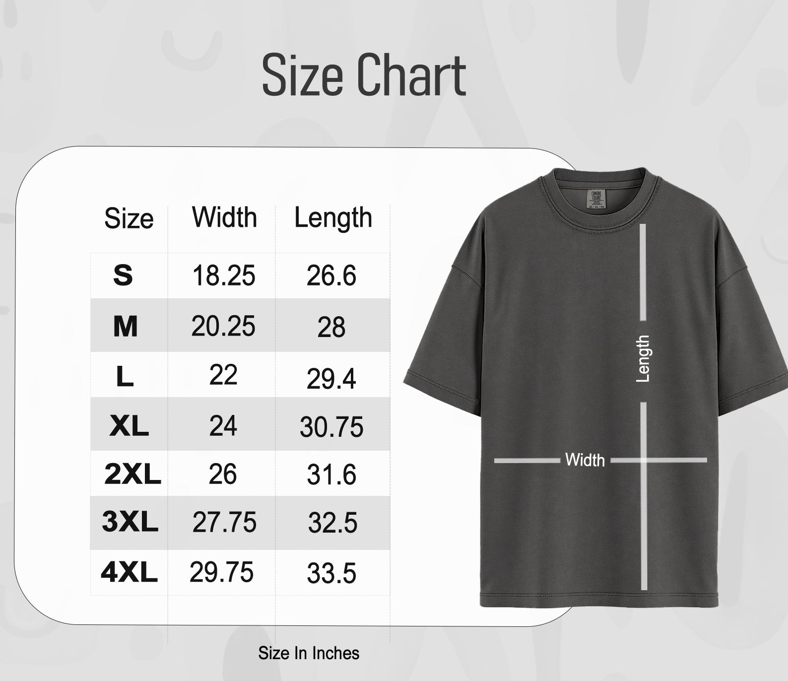 Size chart graphic for a short-sleeve T-shirt, showing a size table from S to 4XL with width and length measurements in inches, alongside a shirt illustration with dimension lines labeled length and width.