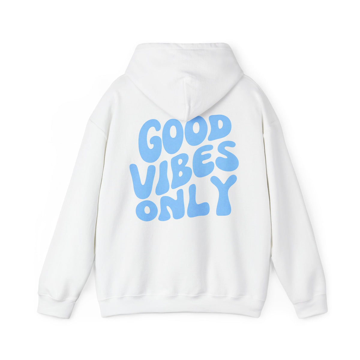 Good Vibes Only Hoodie – unisex pullover hoodie with retro Good Vibes Only script graphic, close-up detail